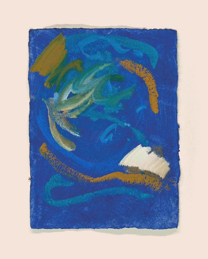 Das Geistige im Blau
4 Arbeiten Mischtechnik auf handgeschöpftem Aquarellpapier, 42x30 cm / im Objektrahmen 50x40 cm, 2005 © Regina Liedtke