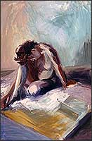 Regina Liedtke, Malerei: Frau - auf dem Boden sitzend  1983, 1,40 x 0,95 m / Öl auf Nessel